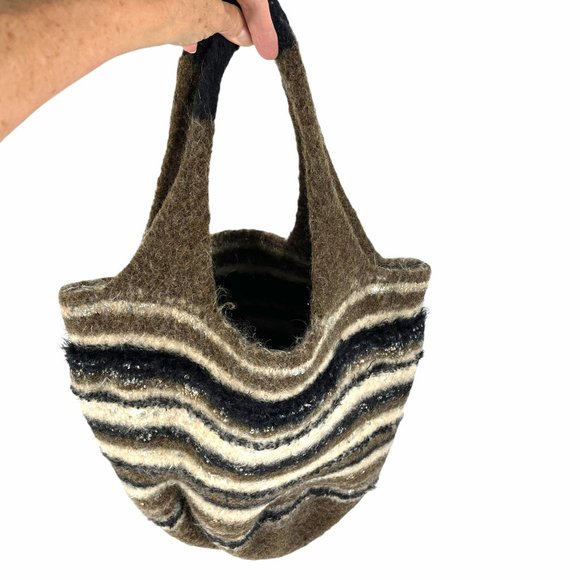 Vintage boiled wool large tote bag striped brown - Picture 3 of 5